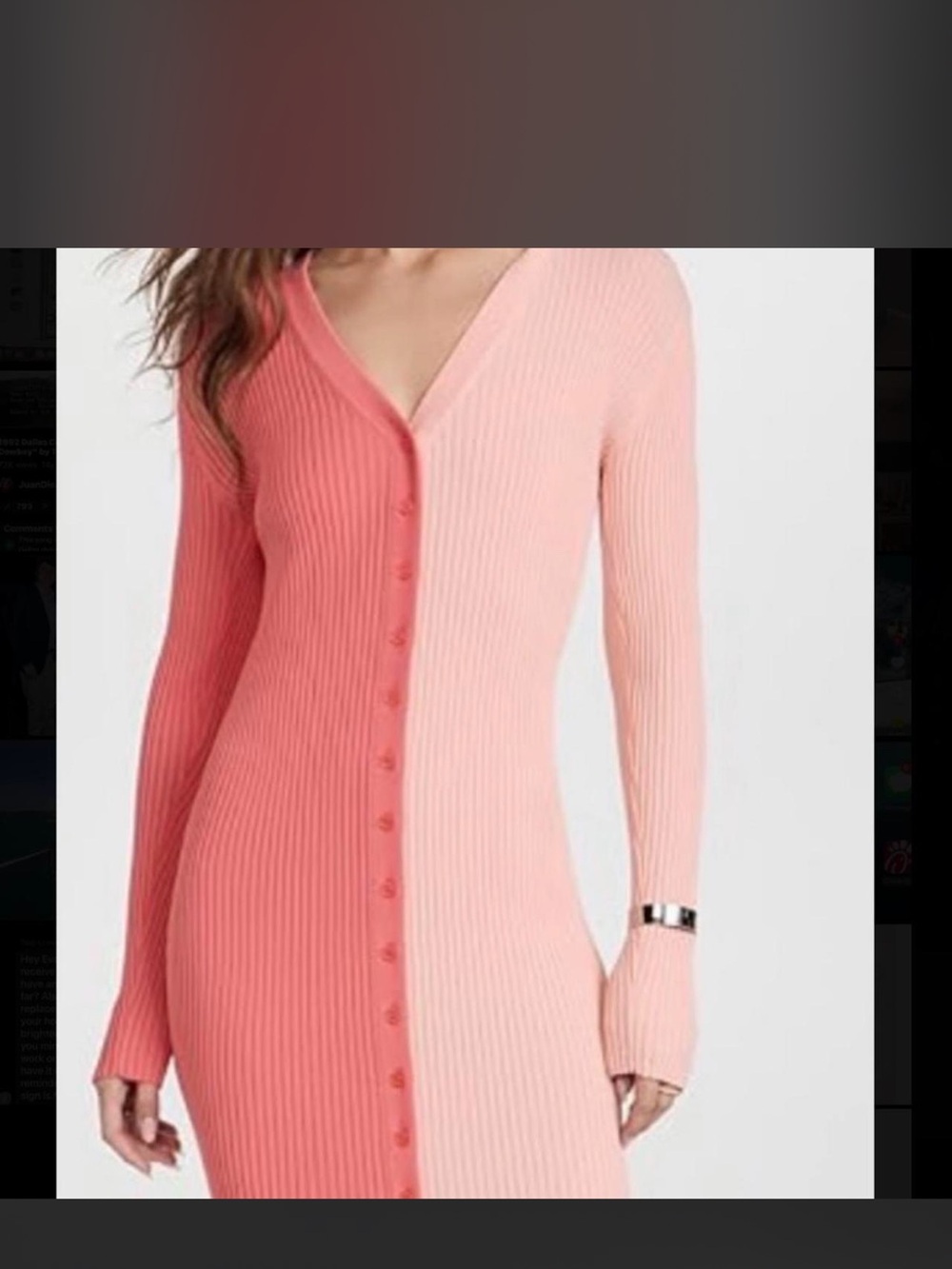 STAUD Two-Tone Pink Ribbed Button-Front Long Sleeve Dress